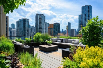 Fototapeta premium Urban Oasis Rooftop Garden Escape with Breathtaking City Views