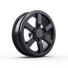 Obraz premium A sleek, modern black alloy wheel featuring a five-spoke design, ideal for enhancing the aesthetics of any vehicle.