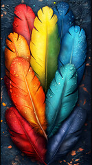 Vibrant Rainbow Feathers, A Colorful, Dew-Kissed Artistic Illustration