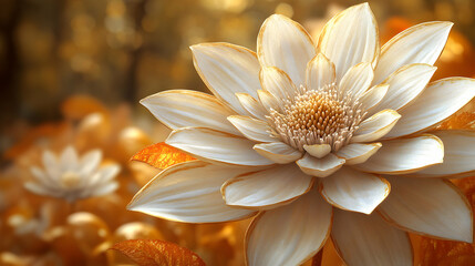 Elegant Creamy White Flower, Autumnal Background, Golden Hues,  Detailed Petals, Nature's Grace, Soft Light