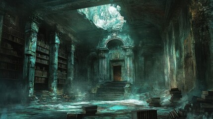 A Forgotten Library With a Crumbling Ceiling and a Doorway