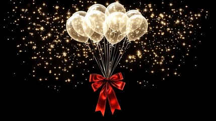 Elegant glowing balloons tied with a shiny red bow surrounded by sparkling golden stars against a dark background, perfect for celebrations and festive occasions.