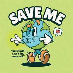 Globe Earth Trendy Retro Cartoon Vector Hand Drawn 