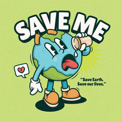 Globe Earth Trendy Retro Cartoon Vector Hand Drawn 