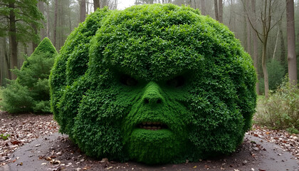 There is a green bush that has adopted a human face and it is very scary and people do not come close to it out of fear, they stand at a distance and watch.