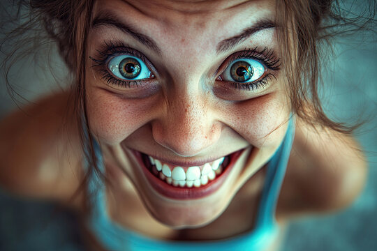Woman with a big grin showing off exaggerated dimples, symbolizing cheerful goofiness