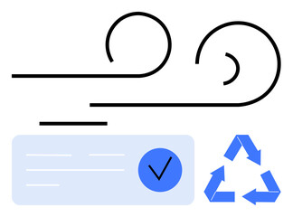 Wind energy lines, recycling symbol, and verification checkmark. Ideal for eco-friendly initiatives, sustainable practices, environmental awareness, green energy, recycling programs, certifications