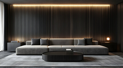 Modern Sectional Sofa in Dark Wood Paneled Room, Illuminating LED Lights Enhance the Luxury and Calm Ambiance of the Space.