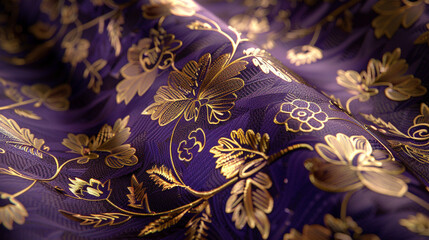 A detailed shot of an elegant brocade fabric in deep purple, with metallic gold floral patterns woven into the surface, creating a rich, ornate look.