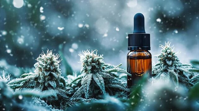 Macro shot of a bottle of CBD or THC oil between fresh green marijuana buds covered in frost as snow falls in a blizzard in the background. For legal cannabis advertisement.