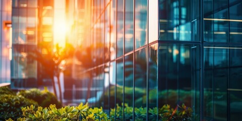 Fototapeta premium Golden Hour Reflections: A Modern Glass Building at Sunset