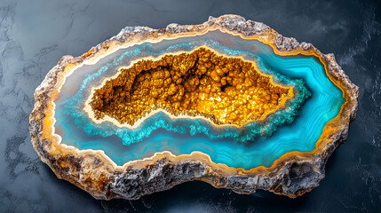 Fototapeta premium Stunning Geode, Blue and Gold Agate Slice, Vibrant Mineral Formation on Dark Background