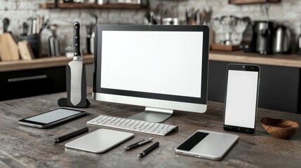 Fototapeta premium Modern Workspace Mockup: Devices and Kitchen