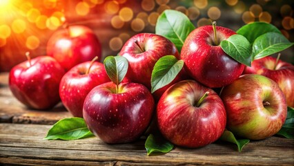Fresh Red Apples with Leaves on Wooden Background - Bokeh Effect, Rustic Charm, Seasonal Harvest, Delicious Fruit, Organic Produce, Healthy Eating, Autumn Vibes