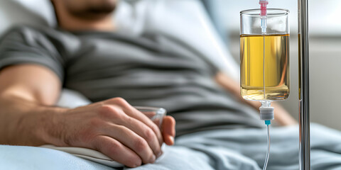 Medical IV Bag with Amber Fluid, Patient Resting in Bed, Healthcare and Recovery