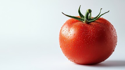 A fresh red tomato, against a solid white background, with no shadows, hyper-realistic, ultra-detailed photography, professional studio lighting, high-resolution photography