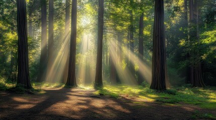 Obraz premium Sunbeams Filtering Through Tall Trees in a Green Forest