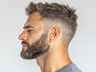 Obraz premium Bearded man in gray shirt, a casual and contemporary portrait capturing modern masculinity