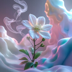 Fototapeta premium white jasmine flower on colorful fog icy background, created by generative ai