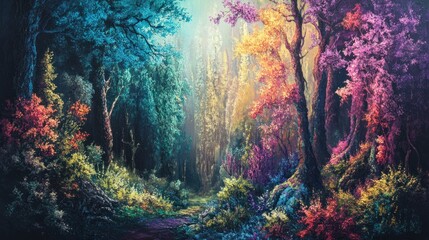 A Path Through a Dreamy Forest with Colorful Trees