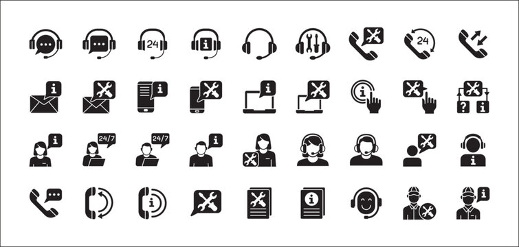 Customer service and support icon set. Containing icons of help, technical, assistance, assistant, agent, hot line, contact, call, staff, operator, mail, manual book. Vector stock in flat solid design