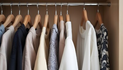 Neatly Arranged Clothing on Hangers in a Well-Lit Wardrobe