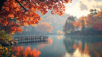 Obraz premium A Serene Autumn Landscape with Colorful Fall Leaves