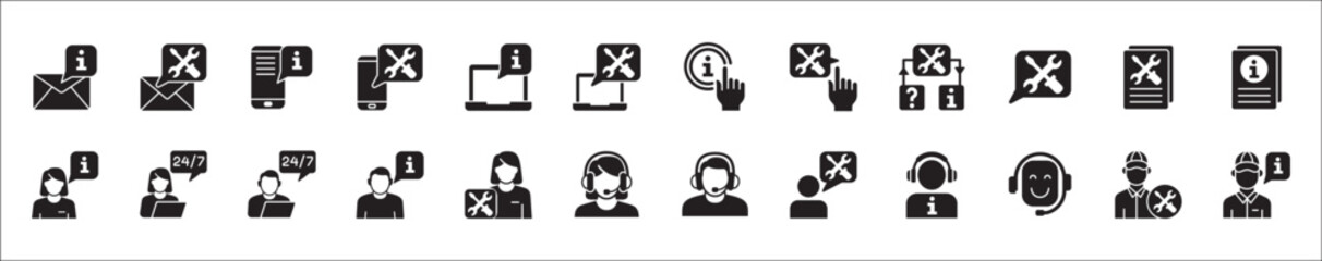 Customer service and support icon set. Containing icons of help, technical, assistance, assistant, agent, hot line, contact, call, staff, operator, mail, manual book. Vector stock in flat solid design