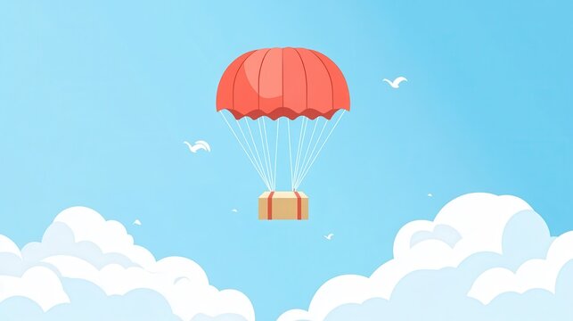 A Box flying on a parachute with pink cloud,vector illustration of package flying down from sky and cloud with parachute, concept for delivery service,shopping online,air delivery service.