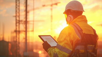 Construction Worker Reviewing Plans at Sunset