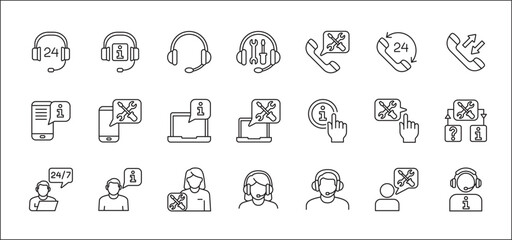 Customer service and support icon set. Containing icons of help, technical, assistance, assistant, agent, hot line, contact, call, staff, operator, mail, manual book. Vector stock in thin line design