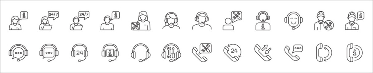 Customer service and support icon set. Containing icons of help, technical, assistance, assistant, agent, hot line, contact, call, staff, operator, mail, manual book. Vector stock in thin line design