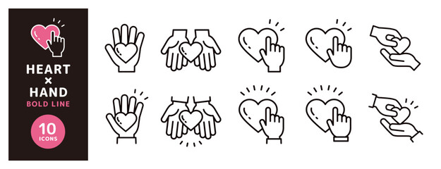 愛や心を表す手とハートのアイコンセット＿太い線