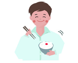 梅干しご飯を美味しそうに食べるビジネスマンの男性。妻の手作り料理を食べる。朝食を食べる男性。ベクターイラスト