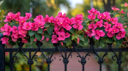 Garden design showcases vibrant pink bougainvillea cascading over a wrought iron fence, creating a cheerful and inviting atmosphere in the lush greenery.