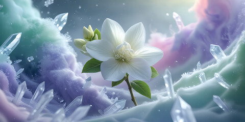 white jasmine flower on colorful fog icy background, created by generative ai