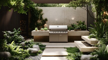 Garden design showcases a serene outdoor kitchen with a sleek grill, surrounded by lush greenery and natural elements, creating a harmonious space for gatherings.