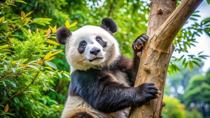 Panda Bear Reaching for Tree Branch - Cute Wildlife Photography, Adorable Animals, Nature Shots, Endangered Species Conservation, Animal Behavior, White Background
