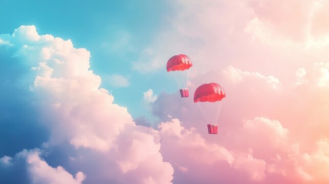 A Box flying on a parachute with pink cloud,vector illustration of package flying down from sky and cloud with parachute, concept for delivery service,shopping online,air delivery service.