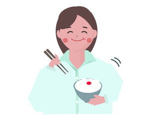 梅干しご飯を美味しそうに食べるビジネスウーマンの女性。朝ごはん。ベクターイラスト