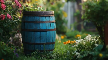 Serene Garden with Blue Barrel Planter