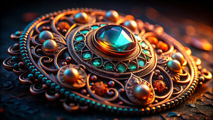Fototapeta premium Intricately detailed burnished copper jewel with large blue gemstone, surrounded by colorful beads and ornate patterns, creating stunning visual effect
