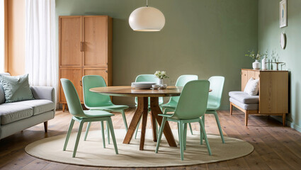 A mid-century inspired space with a round wooden dining table paired with mint green chairs, a green accent wall, a cozy sofa, and a functional cabinet reflecting a modern Scandinavian aesthetic