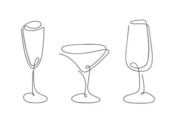 A set of glasses for wine, martinis, alcoholic beverages hand-drawn with one endless line, vector. Decorative abstract element for a holiday, party. Graphic black and white illustration with a line