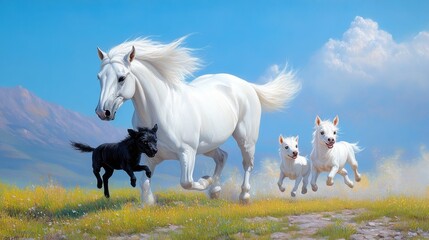 Obraz premium A majestic white horse runs alongside two playful dogs in a vibrant, sunny landscape.
