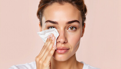Woman wiping face with tissue, skincare close-up on soft pink background