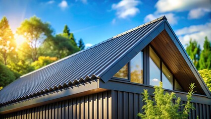 Stunning Bokeh Effect of a Black Corrugated Metal Roof on a Semi-Modern House Surrounded by Lush Greenery and Clear Blue Sky, Ideal for Architectural and Home Design Inspiration