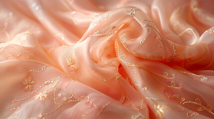 A detailed view of soft peach chiffon fabric with pale gold embroidery in swirling vine patterns, capturing the delicate, airy texture and elegant design of the fabric.