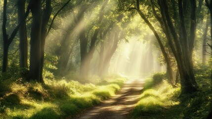Obraz premium Sunbeams Illuminating a Path Through a Misty Forest
