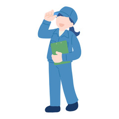 クリップボードを持ち作業帽に手を添えて立つ作業服を着た女性のフラットなイラスト
